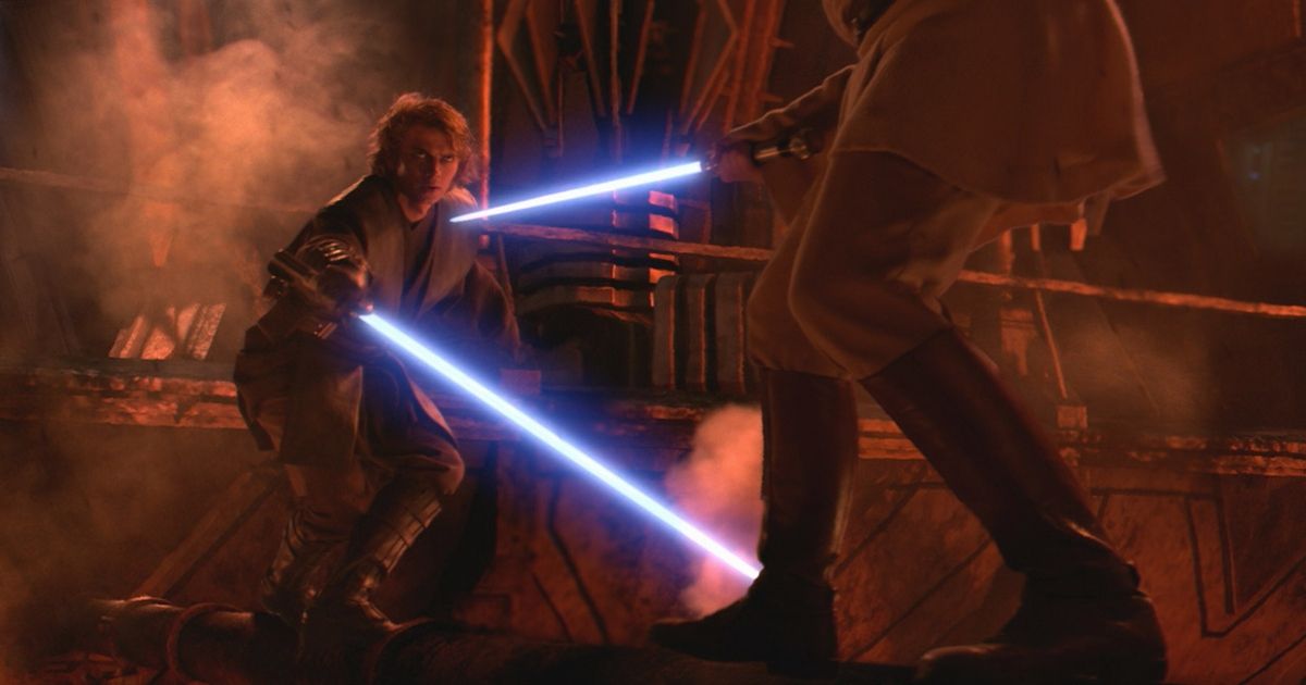 Obi-Wan and Darth Vader dueling in Star Wars 