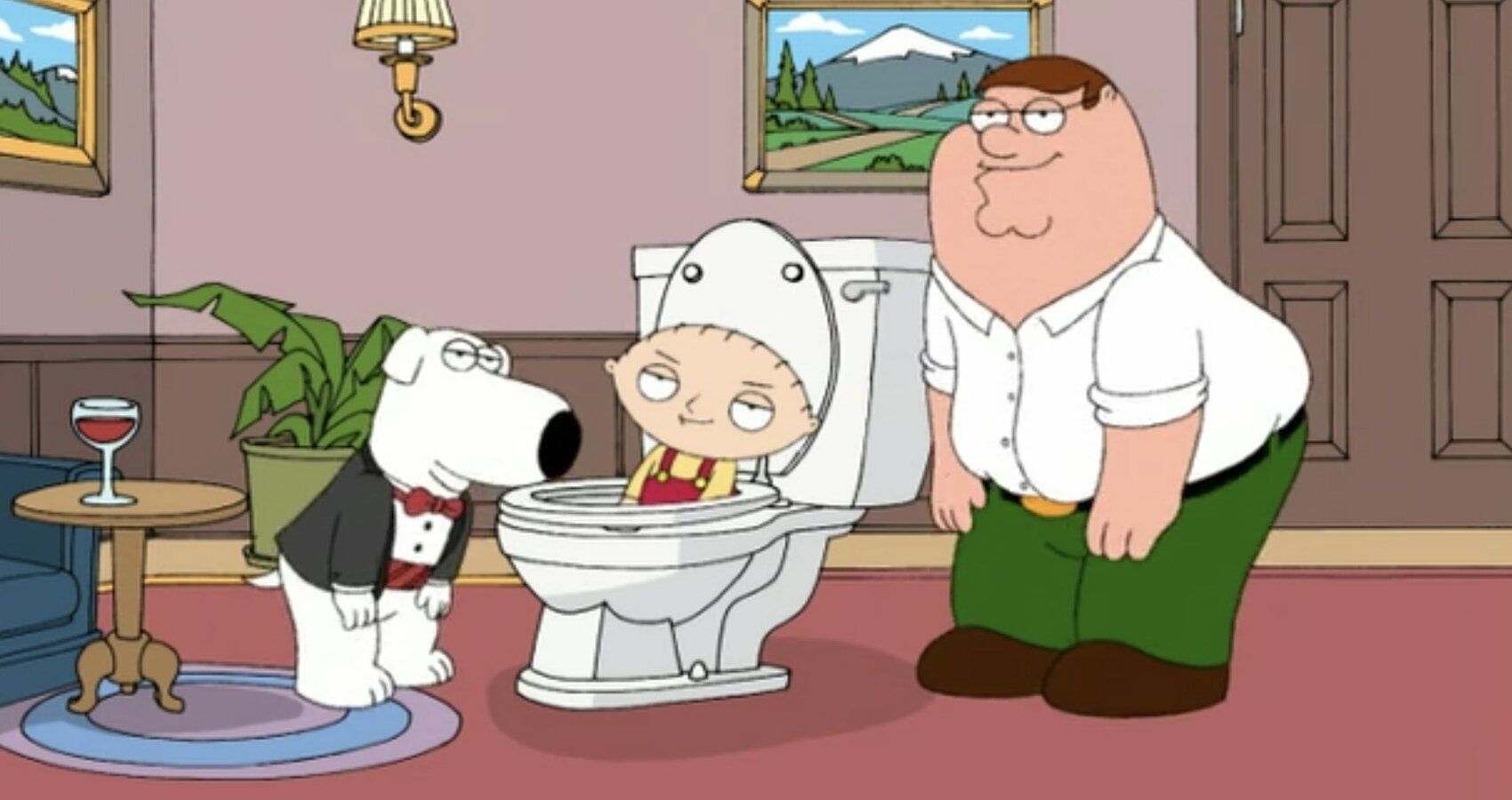Stewie on the toilet, Brian in a tux, Peter watching
