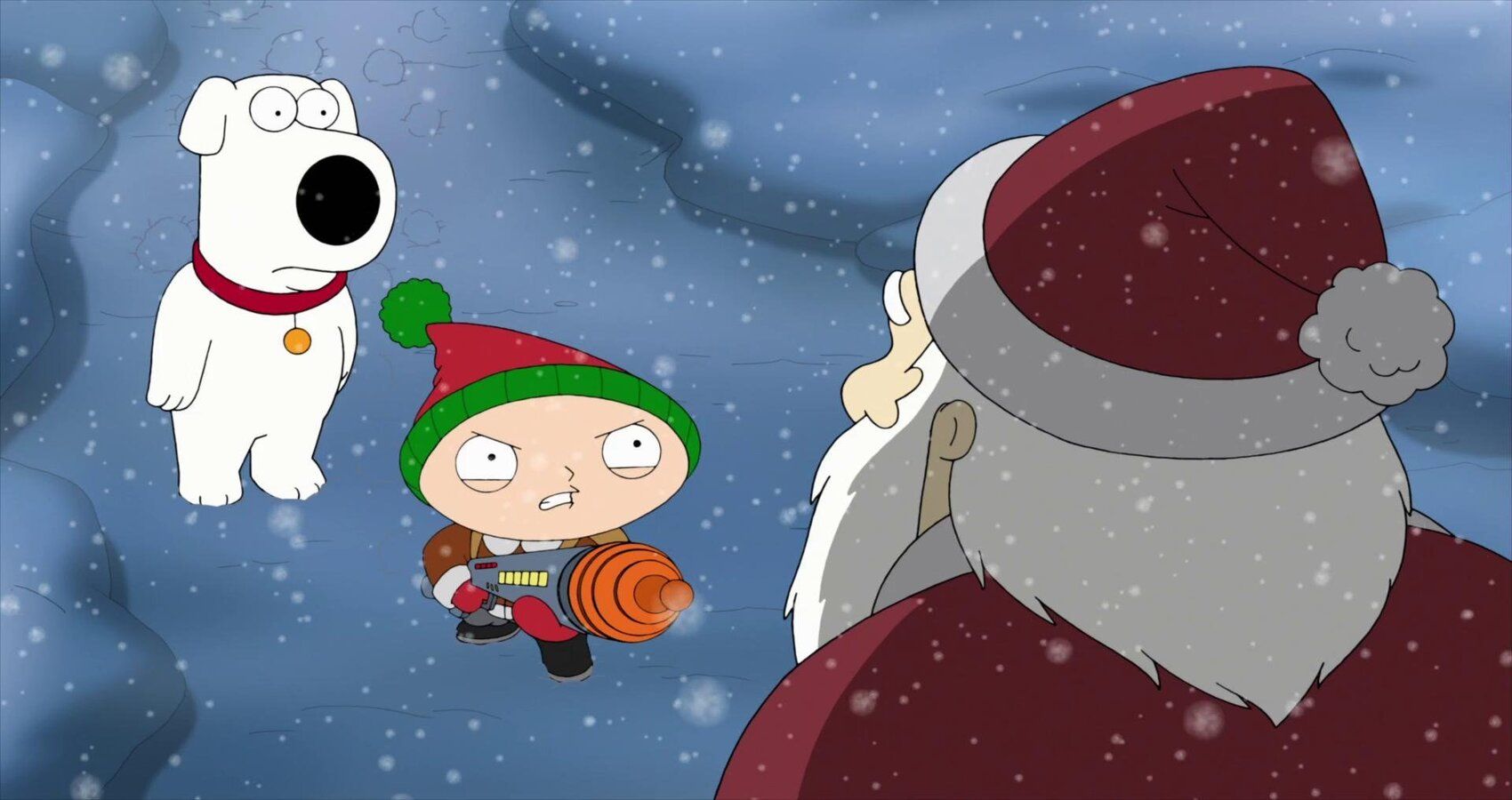 Stewie, Brian, and Santa in the snow