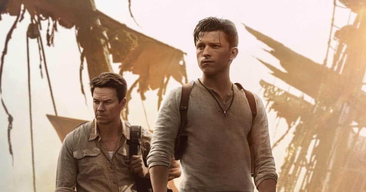 Tom Holland as Nathan Drake and Mark Wahlberg as Victor Sullivan in Uncharted 