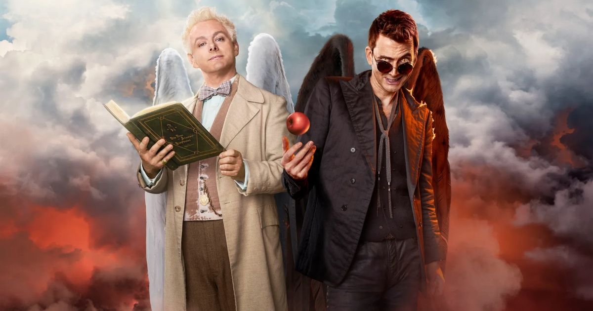 Michael Sheen as Aziraphale and David Tennant as Crowley for a promo image of Good Omens