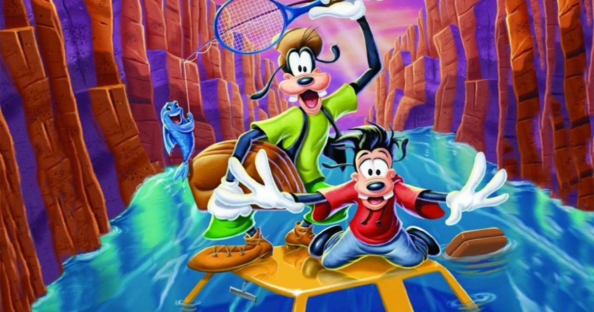 Goofy and his son Max on a river in A Goofy Movie