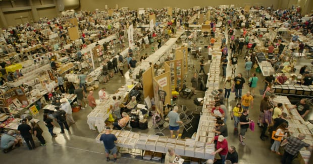 An overhead shot of a giant flea market of vinyl records in Vinyl Nation