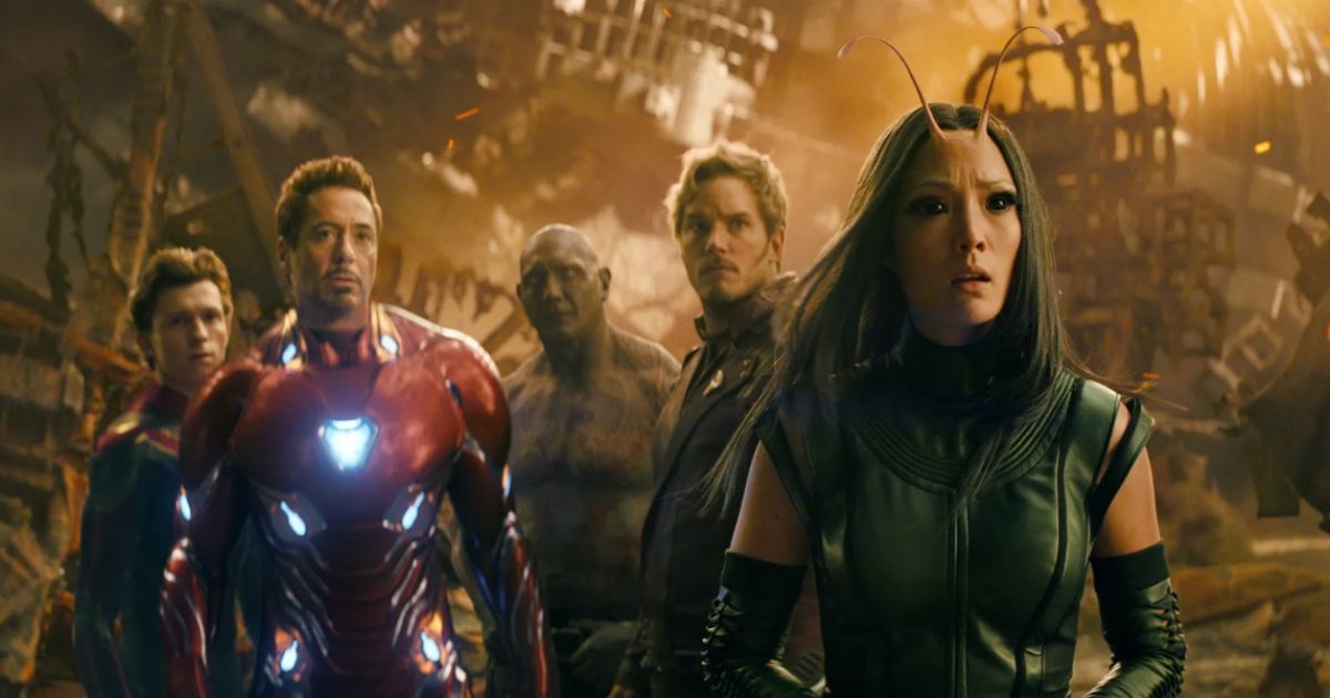 Some of the Guardians and Avengers together, all looking off at the same thing.
