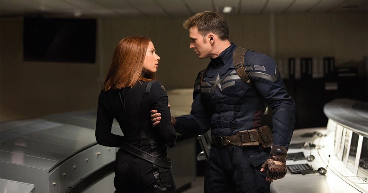 Chris Evans as Chris Evans and Scarlett Johansson as Natasha Romanoff / Black Widow in Marvel's Captain America: The Winter Soldier