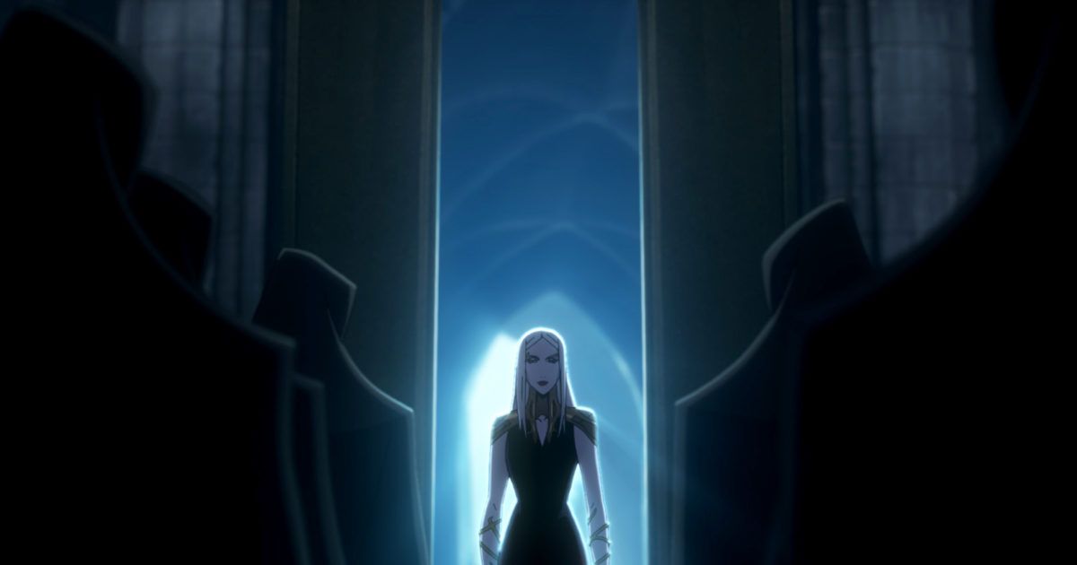 A woman stands in a massive open doorway to a room filled with shadowed figures in Castlevania