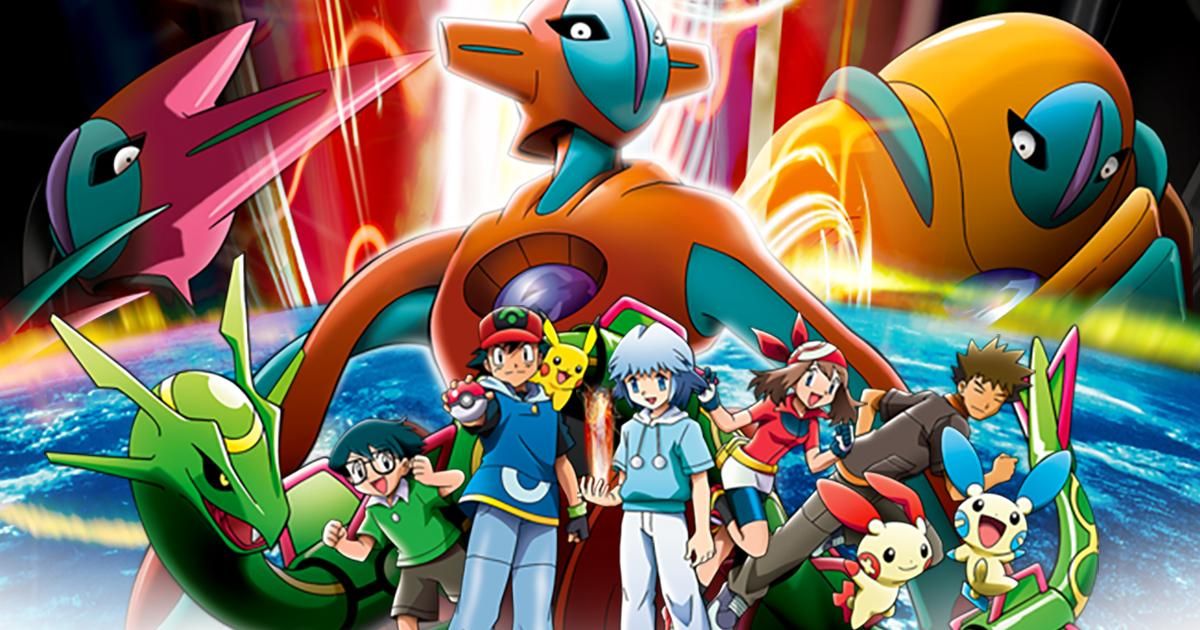 Ash and crew stand in front of Rayquaza and three different modes of Deoxys.