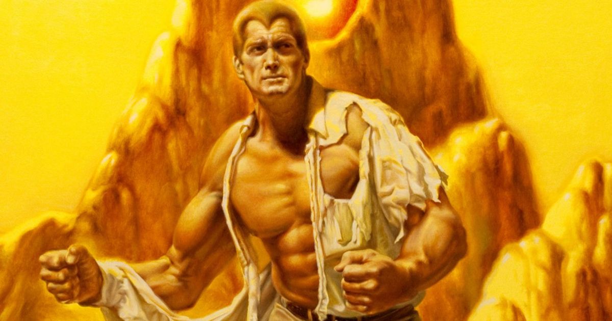 Doc Savage with a torn shirt and a bunch of muscles in front of a mountain