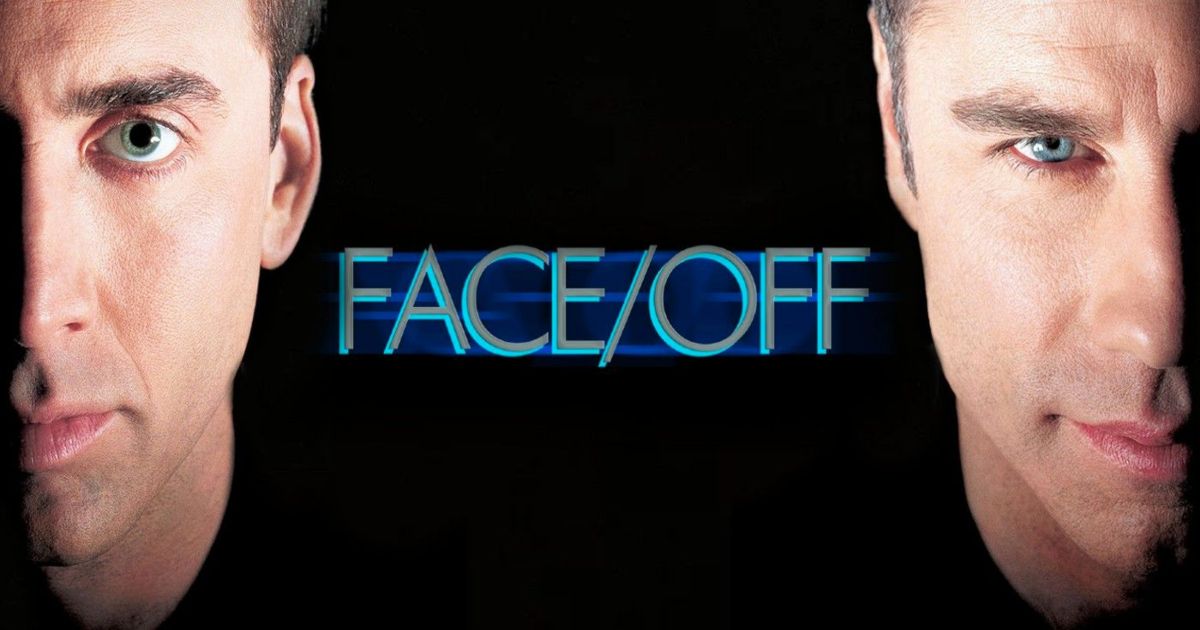 Nicolas Cage and John Travolta on either side of the screen for Face Off