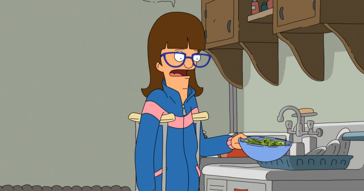 Gayle with crutches cooks in Bob's Burgers