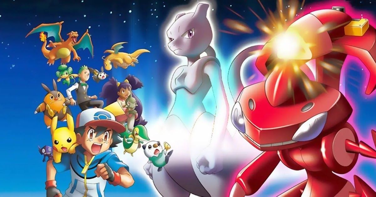 Genesect and Mewtwo stand together while Ash and gang are surrounded by their Pokemon.