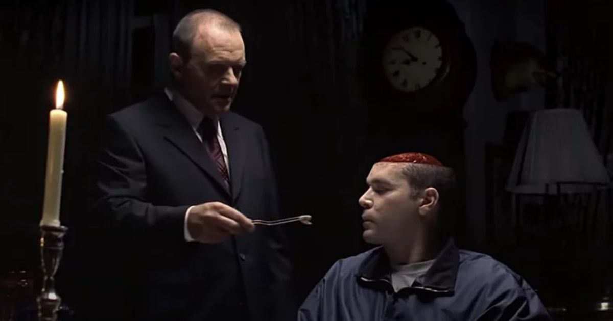 Anthony Hopkins as Lecter feeding Ray Liotta his brain in Hannibal
