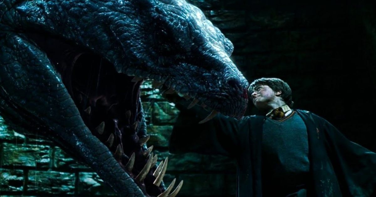 Harry defeats the basilisk in the Chamber of Secrets 