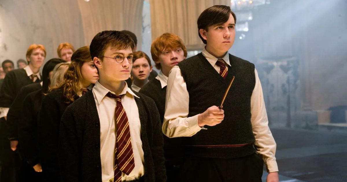 Harry Potter and some other young wizards at Hogwarts in Harry Potter and the Order of the Phoenix