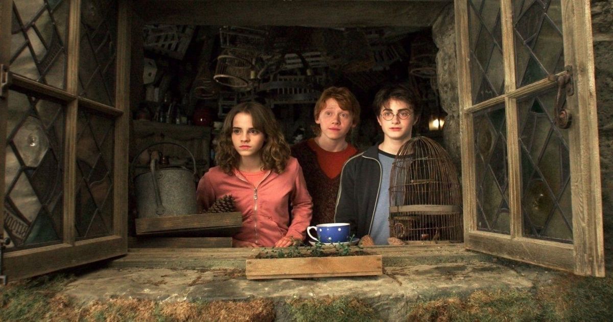 Hermione, Harry, and Ron stare out the window in Harry Potter and the Prisoner of Azkaban
