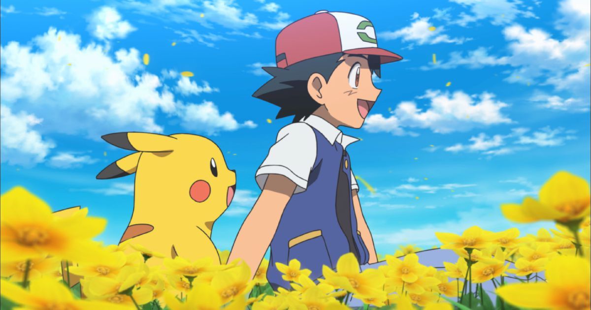 Ash Ketchum sits in field of yellow flowers with Pikachu