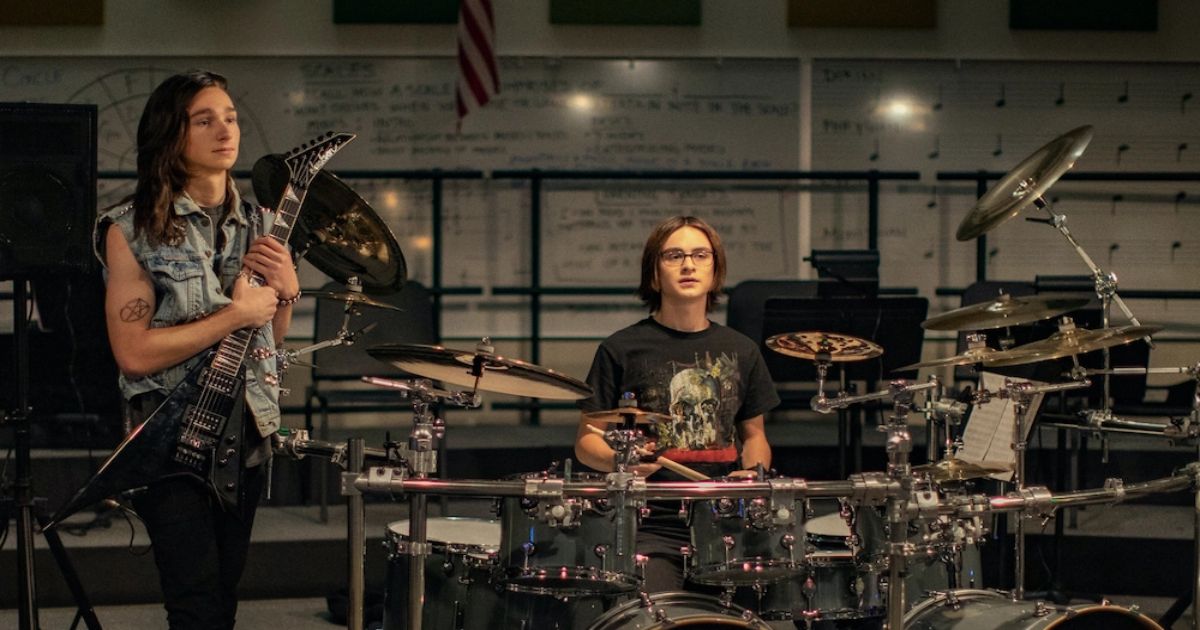 Jaeden Martell and Adrian Greensmith at band practice in Metal Lords