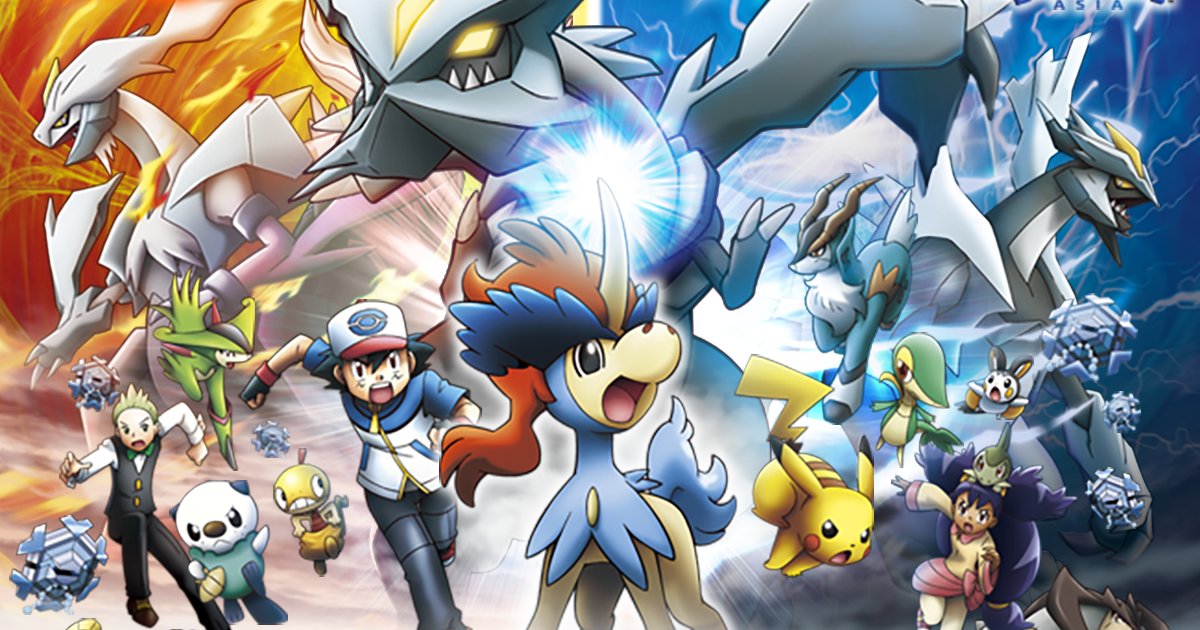 Keldeo stands in front of Kyurem, Ash, and other Pokemon. 