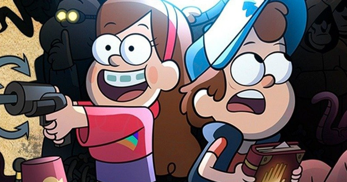 Mabel points a grappling hook and Dipper clutches a book in Gravity Falls