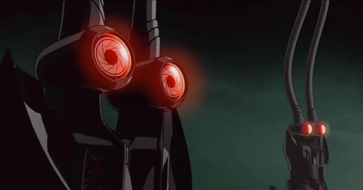 Glowing red eyes of robots in Matriculated