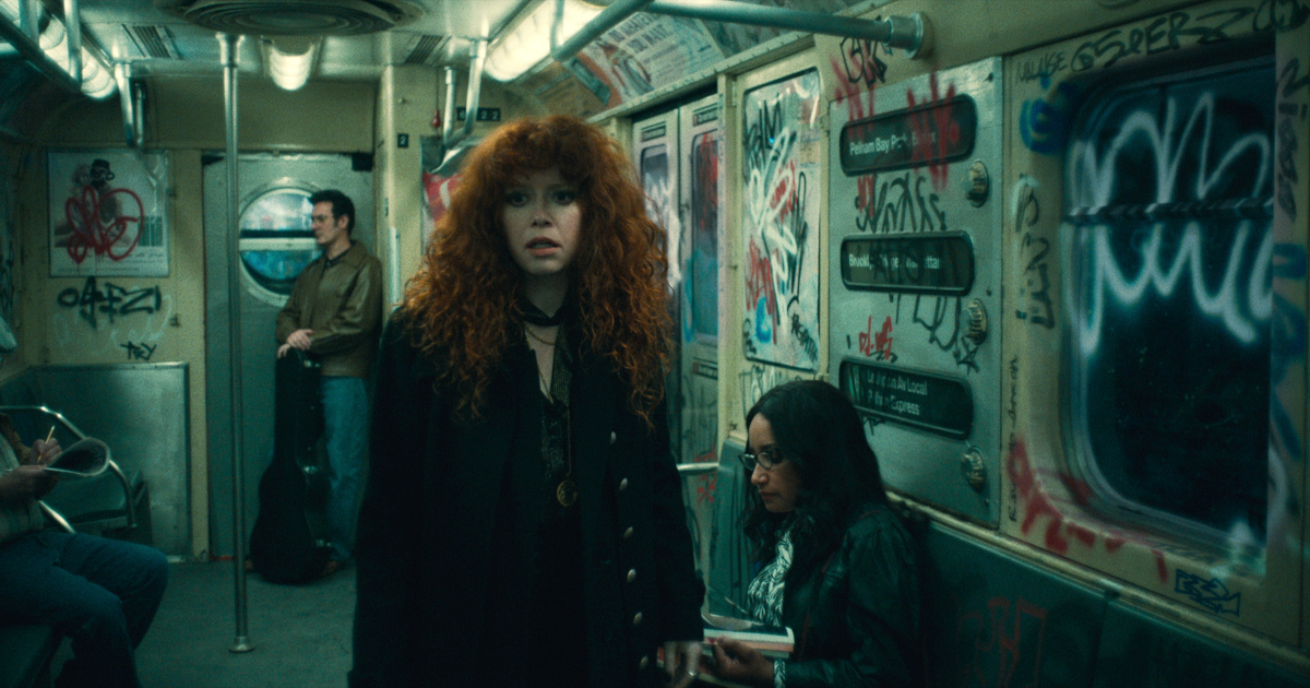 Nadia on an 80s subway train in Russian Doll