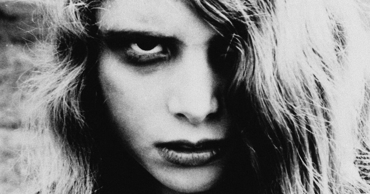 A zombie woman's face in Night of the Living Dead
