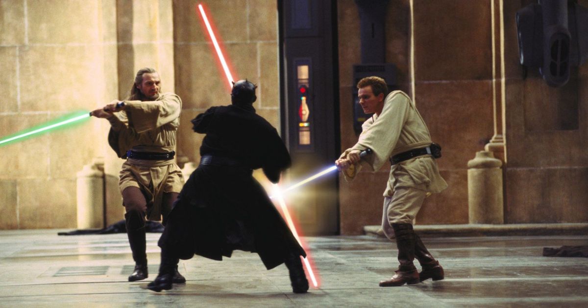 Obi-Wan, Darth maul, and Qui-Gon duel in the palaces of Star Wars Phantom Menace