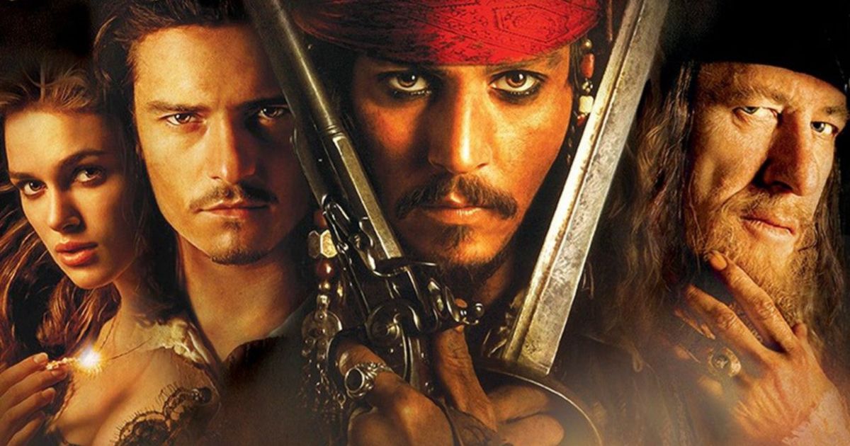 Pirates of the Caribbean cast with Johnny Depp's Jack Sparrow wielding weapons in the middle