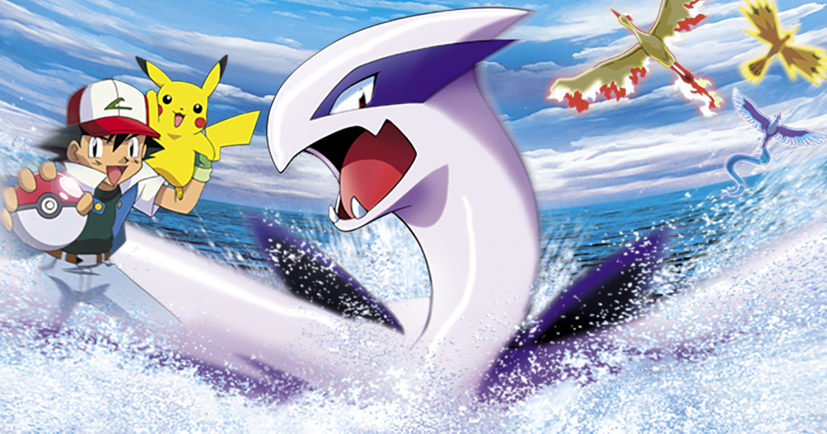 Ash and Pikachu are next to Lugia emerging from water.