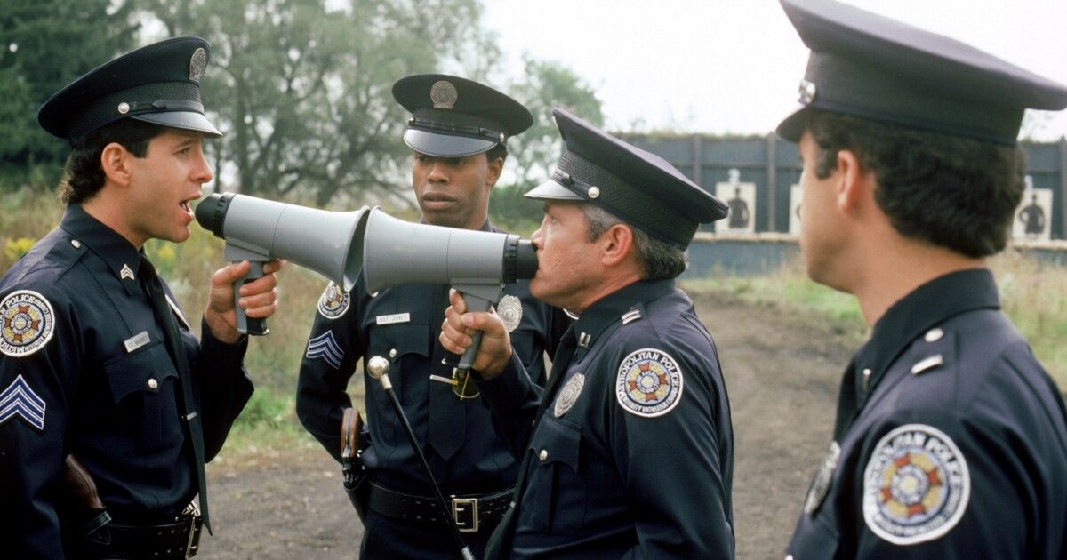 Cops shout at each other with megaphones in Police Academy