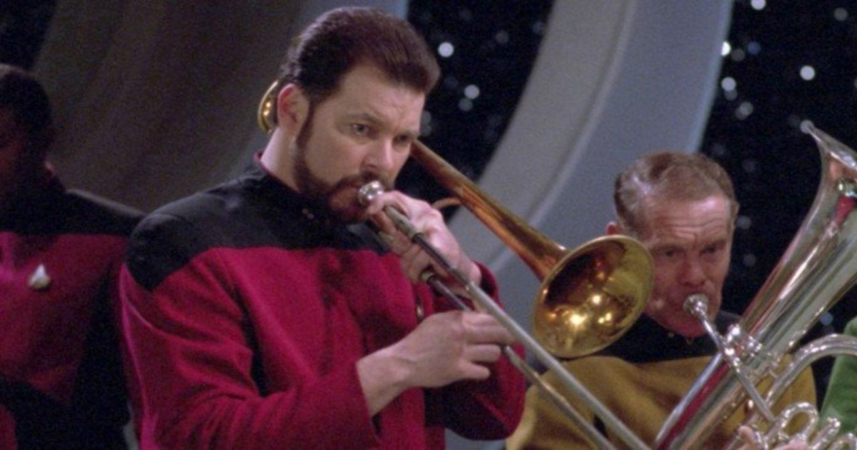Riker playing a brass instrument in Star Trek Next Generation