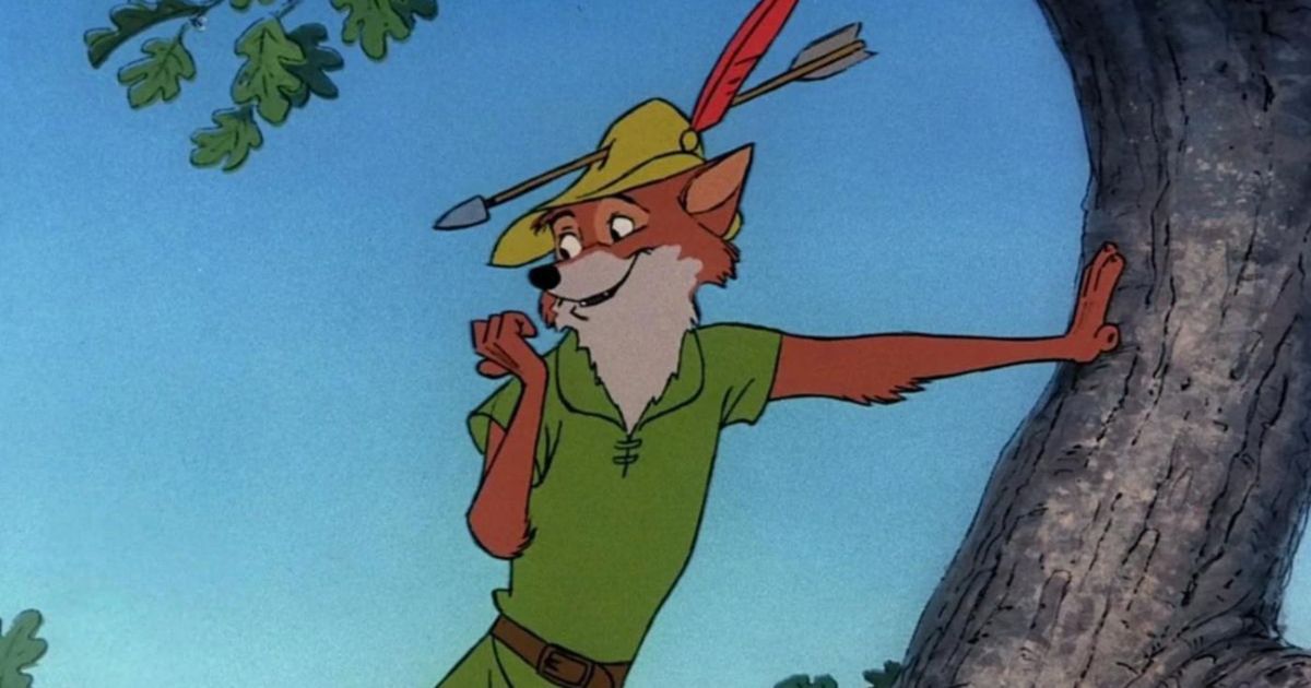A fox leans against the tree as the titular Robin Hood