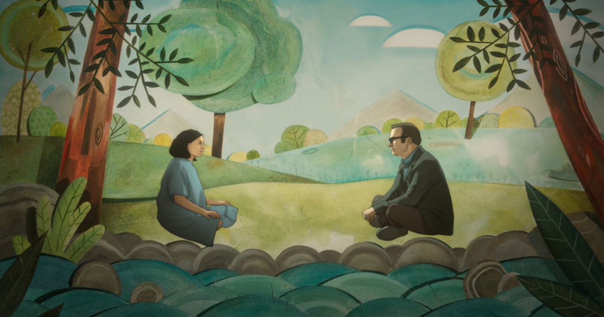 Rosa Salazar as Alma and Bob Odenkirk as Jacob in a cartoon field in Undone