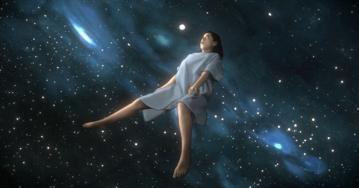 Rosa Salazar as Alma floating in space in a hospital gown in Undone
