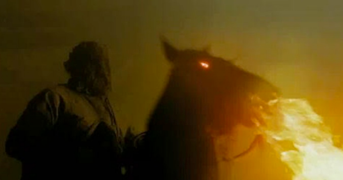 Scarecrow on a horse breathing fire