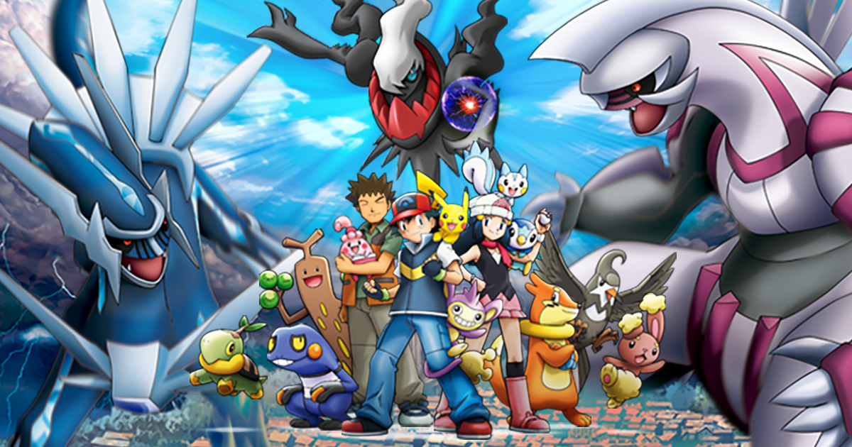 Darkrai is surrounded by Dialga and Palkia, while ash and his Pokemon stand in the middle below.