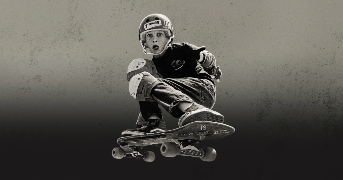Tony Hawk skating as a young boy in black and white in Until the Wheels Fall Off 
