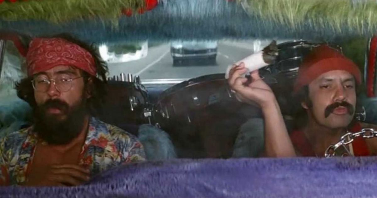 Cheech and Chong smoke inside their van on the highway in Up in Smoke