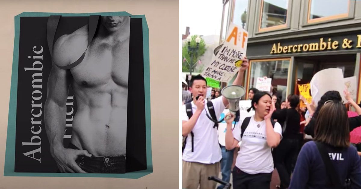 Shopping bag with half-naked man is juxtaposed next to protestors in White Hot: The Rise & Fall of Abercrombie & Fitch