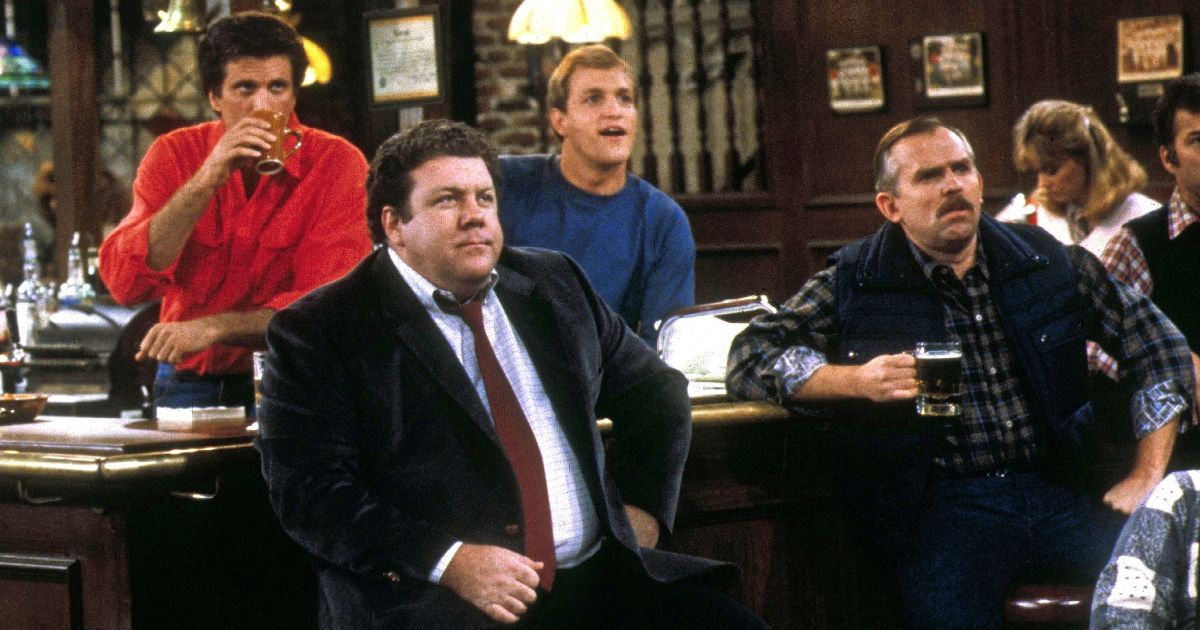 The cast of Cheers at the bar
