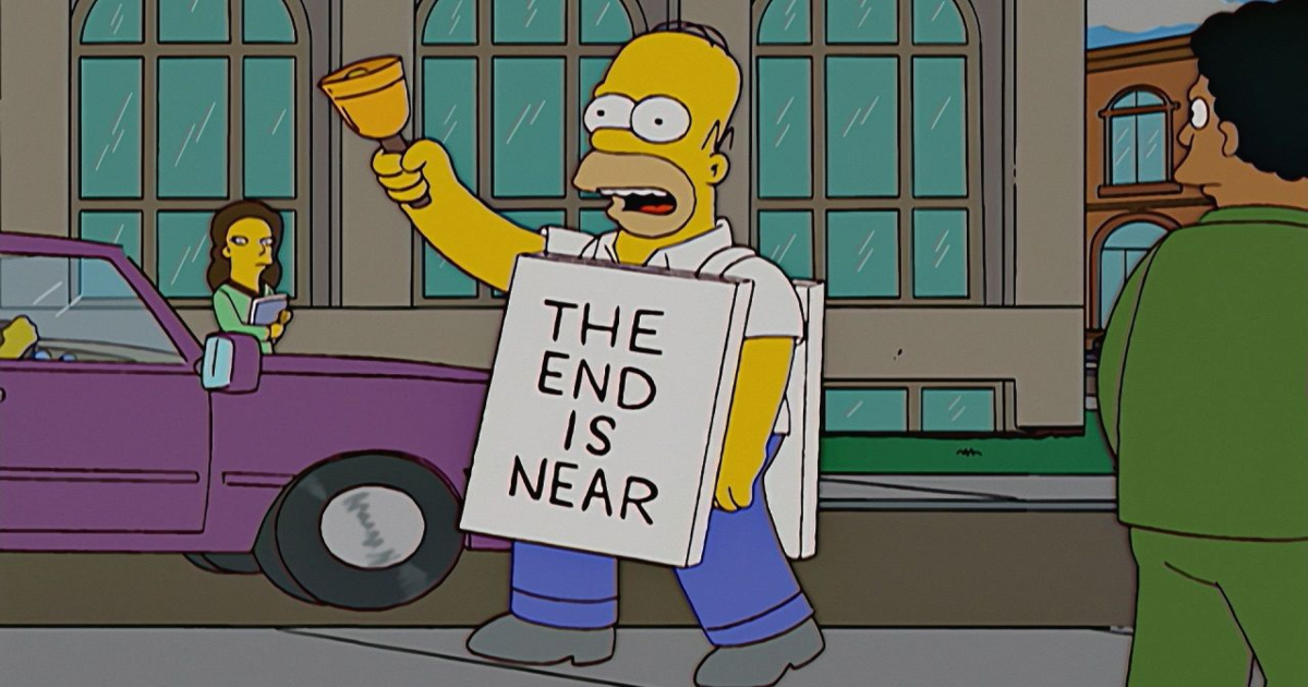 Homer wears an 'End is Near' sign in The Simpsons