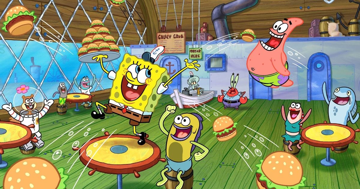 SpongeBob, Sandy, Patrick, Mr. Krabs, and Squidward, along with citizens of Bikini Bottom in the Krusty Krab, as SpongeBob throws Krabby Patties around the restaurant, feeding the customers.
