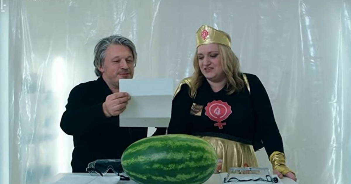 Two contestants look at a watermelon in Taskmaster