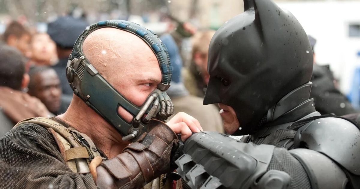 Tom Hardy as Bane and Christian Bale as Bruce Wayne / Batman in The Dark Knight Rises