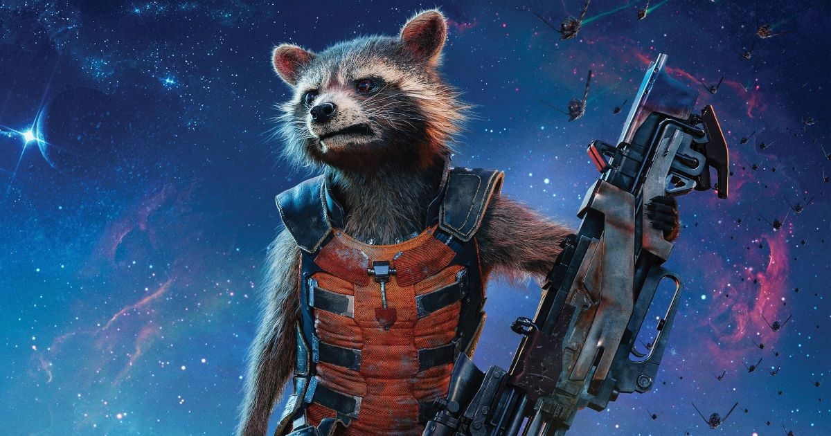 Rocket Raccoon holding a gun about the same size as him. 