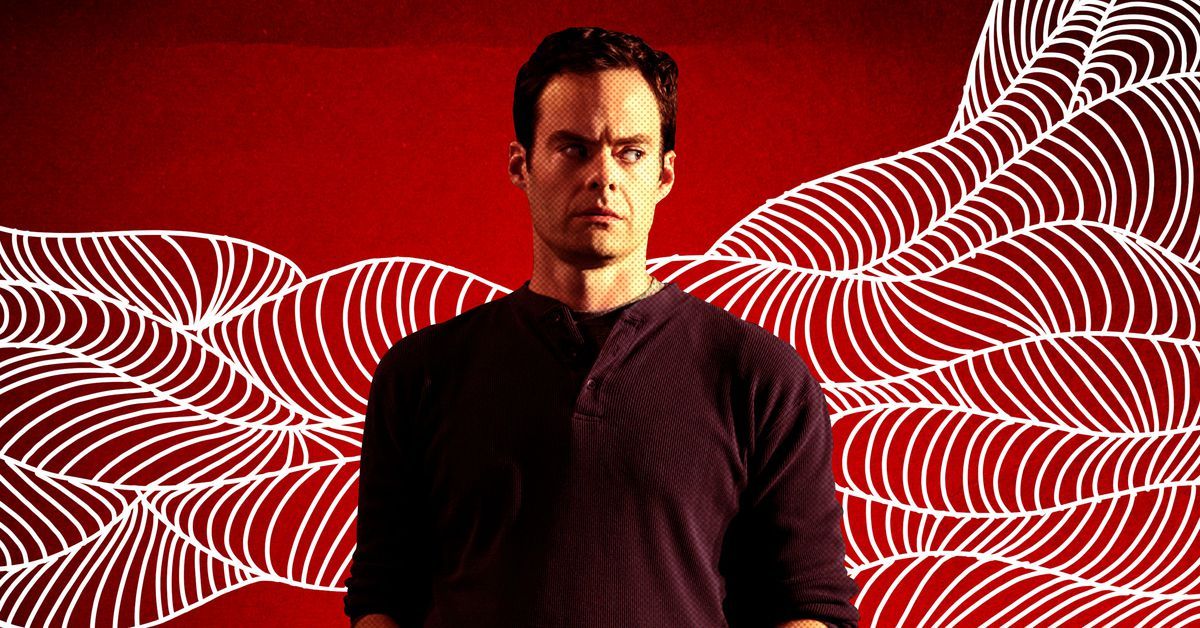 Bill Hader as Barry with red wallpaper and patterns behind him