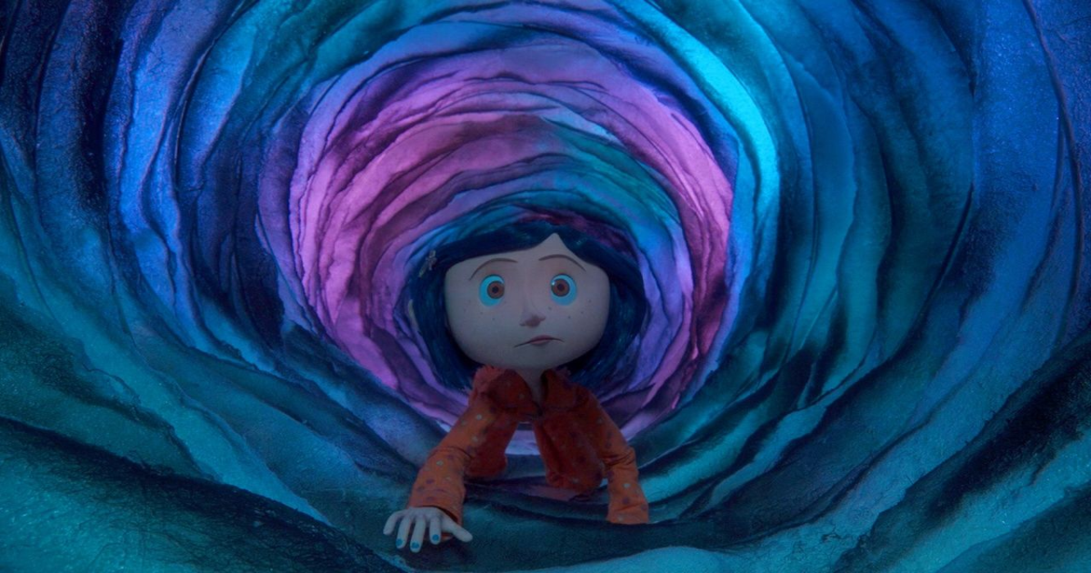 Coraline climbing through a strange, colorful portal