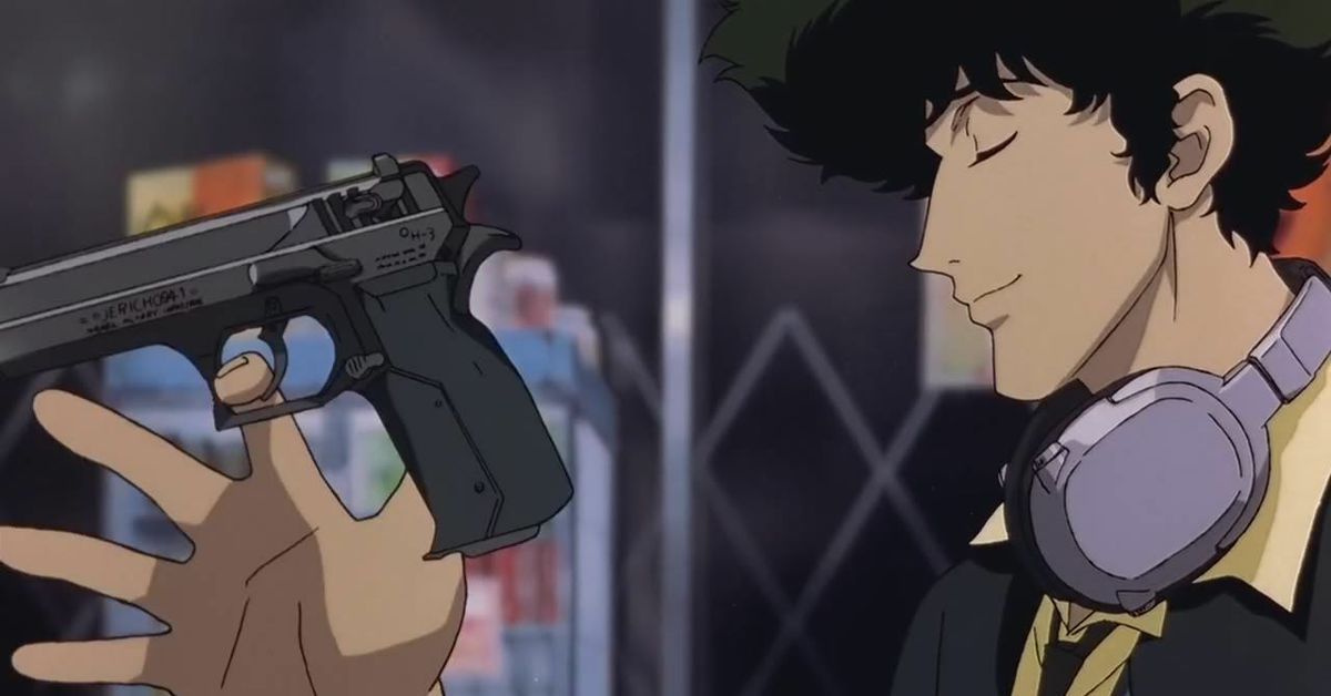 Spike Spiegel with a gun and headphones in Cowboy Bebop