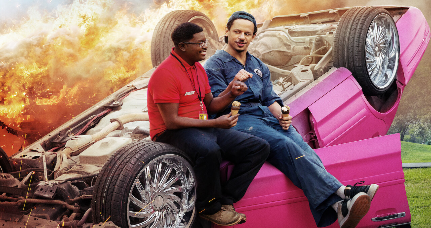 Eric Andre and friend sit on burning upside down car in Bad Trip