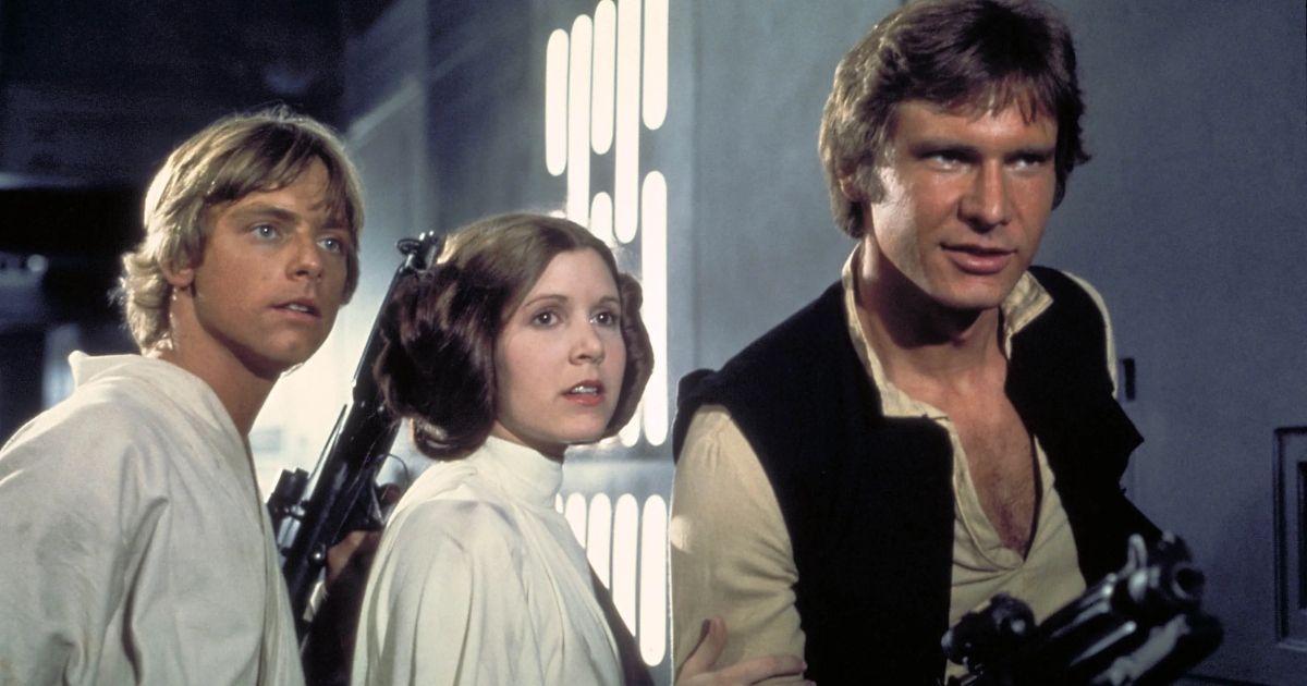 Mark Hamill, Carrie Fisher e Harrison Ford em Uma Nova Esperança